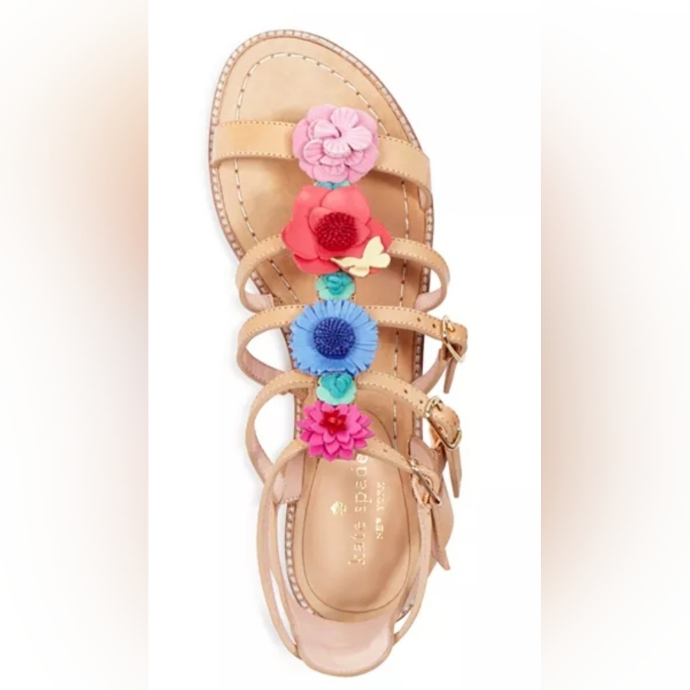 Rare* Kate Spade Shoes Sadia Leather Floral Sandals Natutal Vaccheta Sz 6.5 - 10 - Picture 3 of 11